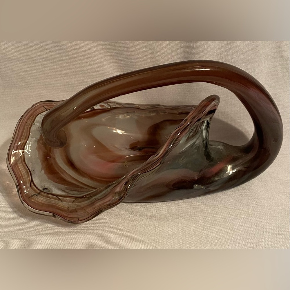 Purple and Red Handblown Art Glass Basket/Dish with Handle.
